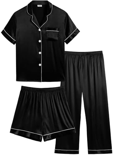 SWOMOG Kid's Silk Pyjamas 3PCS Girls Boys Short Sleeve Satin PJs Set Button-Down Nightwear Soft Lounge Sleepwear Teens Age 4-16