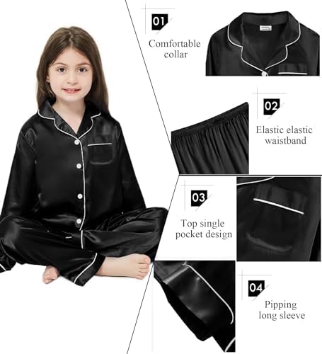 SWOMOG Kids Girls Silk Pyjamas Boys Long Sleeve Satin PJs Sets Button-Down Silky Nightwear Children Sleepwear
