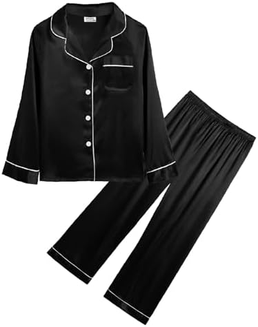 SWOMOG Kids Girls Silk Pyjamas Boys Long Sleeve Satin PJs Sets Button-Down Silky Nightwear Children Sleepwear