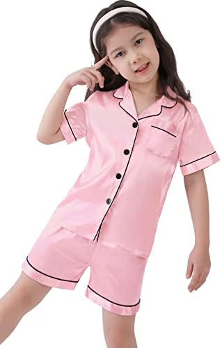 SWOMOG Kids Silk Pyjamas Girls Boys Short Sleeve Satin PJs Sets Button-Down Silky Nightwear Children Sleepwear Teens Age 4-16