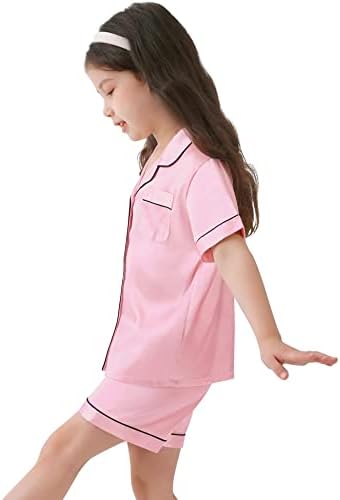 SWOMOG Kids Silk Pyjamas Girls Boys Short Sleeve Satin PJs Sets Button-Down Silky Nightwear Children Sleepwear Teens Age 4-16