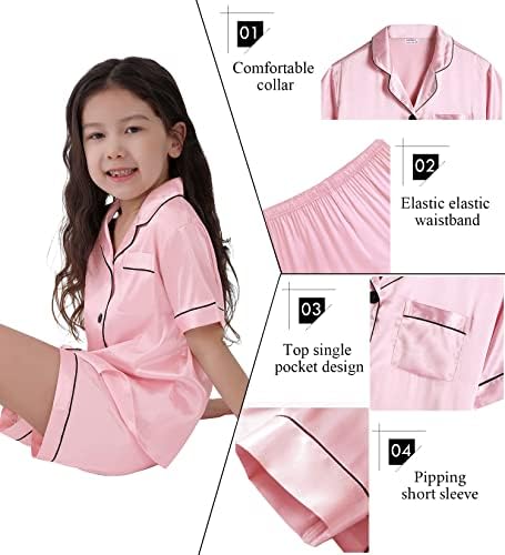 SWOMOG Kids Silk Pyjamas Girls Boys Short Sleeve Satin PJs Sets Button-Down Silky Nightwear Children Sleepwear Teens Age 4-16