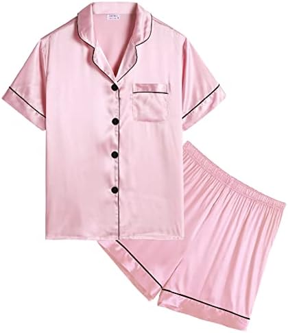 SWOMOG Kids Silk Pyjamas Girls Boys Short Sleeve Satin PJs Sets Button-Down Silky Nightwear Children Sleepwear Teens Age 4-16