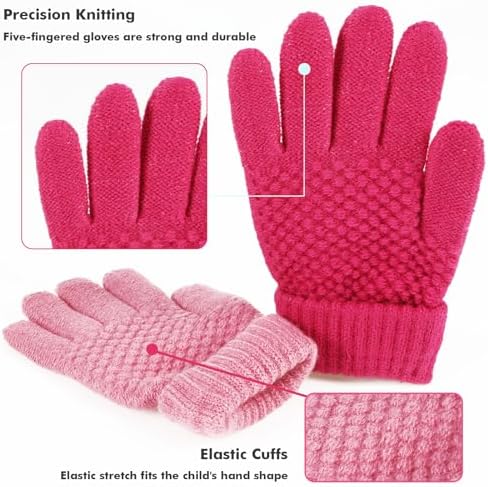 TAGVO 6 Pairs Kids Knitted Gloves Children Jacquard Gloves Winter Thermal Magic Gloves Full Finger Stretchy Kids Knitted Gloves MittenThermal Fleece For Boys Girls 5-12Y