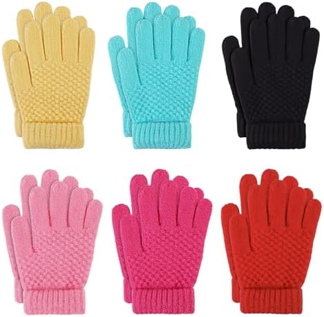 TAGVO 6 Pairs Kids Knitted Gloves Children Jacquard Gloves Winter Thermal Magic Gloves Full Finger Stretchy Kids Knitted Gloves MittenThermal Fleece for Boys Girls 5-12Y