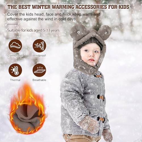 TAGVO Unisex Kids Thermal Winter Hat Windproof Thermal Fleece Face Cover Winter Hood Hats With Neck Warmer Outdoor Balaclava Trapper Hat With Ear Flaps For 3-7 Years Boys Girls Cycling Hiking Sports