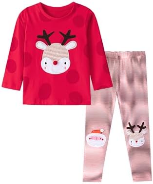 TCWWBB Girls Kids Christmas Outfits Xmas Clothes Set Toddler Santa Claus Reindeer Snowmen Unicorn Birthday Print long Sleeve Cotton Shirt Jumper Tops Leggings Pants 2 Pcs Clothing Set 1-7 Years Old