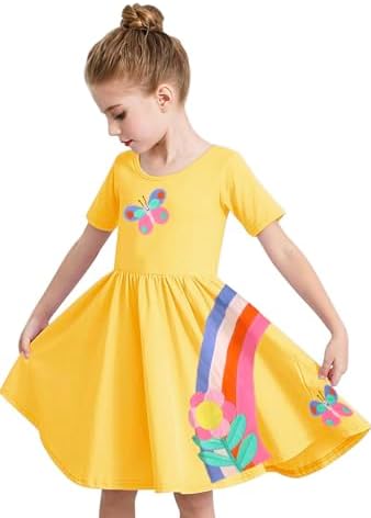 TCWWBB Girls Summer Dresses Unicorn Butterfly Floral Rainbow Casual Dress Cotton Shirt Cartoon Short Sleeve Sleeveless Dress For Kids Age 1-7 Years Old