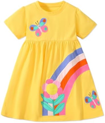 TCWWBB Girls Summer Dresses Unicorn Butterfly Floral Rainbow Casual Dress Cotton Shirt Cartoon Short Sleeve Sleeveless Dress for Kids Age 1-7 Years Old