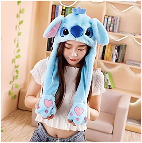 Tderloi Hat Girls Animals Ear Moving Jumping Hats Children Women Warm Plush Rabbit Winter Kids Bunny Fuzzy Pinch Airbag Caps (Color : Stitch blue Size : 30x50cm)
