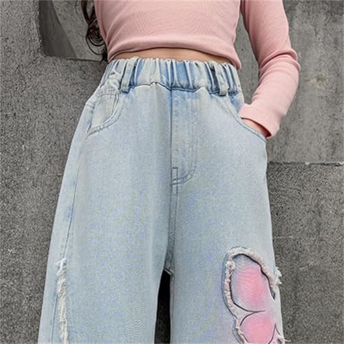 Teen Girls Baggy Ripped Jeans Elastic Bow Embroidery Retro Denim Pants For Kids Flare Bottom Vintage Trousers Clothes Black Rip Jeans For Girls Loose Ripped Jeans 10-12(