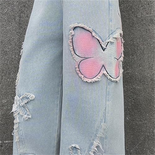 Teen Girls Baggy Ripped Jeans Elastic Bow Embroidery Retro Denim Pants For Kids Flare Bottom Vintage Trousers Clothes Black Rip Jeans For Girls Loose Ripped Jeans 10-12(
