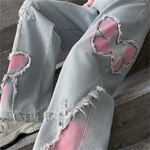 Teen Girls Baggy Ripped Jeans Elastic Bow Embroidery Retro Denim Pants For Kids Flare Bottom Vintage Trousers Clothes Black Rip Jeans For Girls Loose Ripped Jeans 10-12(