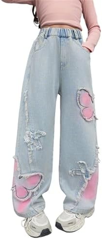Teen Girls Baggy Ripped Jeans Elastic Bow Embroidery Retro Denim Pants for Kids Flare Bottom Vintage Trousers Clothes Black Rip Jeans for Girls Loose Ripped Jeans 10-12(