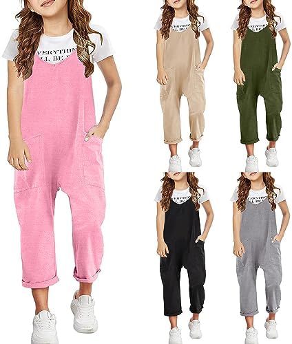 Teen Girls Sleeveless Overalls Spaghetti Strap Summer Casual Loose Wide Leg Jumpsuits Solid Crew Neck Kids Long Romper with Pockets Girls Cargo Overalls Jumpsuit