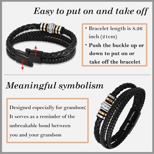 TEVOP Engraved Leather Bracelet Mens Bracelet Gifts For Son Grandson Husband Perfect Birthday Christmas Valentines Graduation Gifts For Men Boys Gift For Fathers Day Dad Grandad Daddy