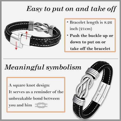 TEVOP Gifts For Men Boys Engraved Leather Bracelet Gifts For Son Grandson Husband Boyfriend Birthday Christmas Graduation Valentines Gifts For Men Fathers Day Presents For Dad Grandad