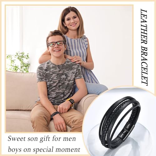 TEVOP Gifts For Son Grandson Engraved Leather Bracelet For Men Boys Presents For Christmas Birthday Graduation Gifts For Him Christmas Stocking Fillers