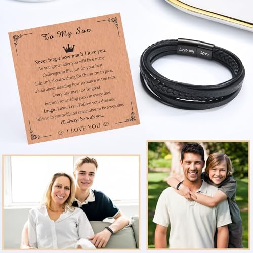 TEVOP Gifts For Son Grandson Engraved Leather Bracelet For Men Boys Presents For Christmas Birthday Graduation Gifts For Him Christmas Stocking Fillers