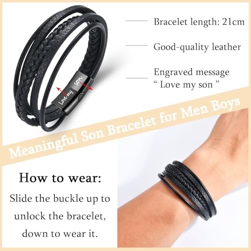 TEVOP Gifts For Son Grandson Engraved Leather Bracelet For Men Boys Presents For Christmas Birthday Graduation Gifts For Him Christmas Stocking Fillers