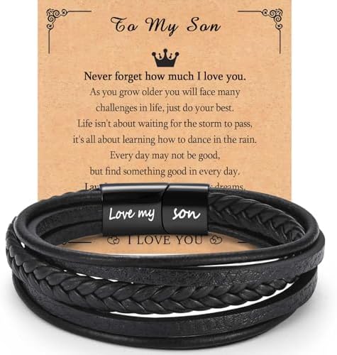 TEVOP Gifts For Son Grandson Engraved Leather Bracelet For Men Boys Presents For Christmas Birthday Graduation Gifts For Him Christmas Stocking Fillers
