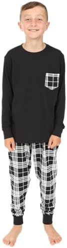 ThePyjamaFactory Boys Black And White Long Tartan Check Bottoms Pyjama Set Pjs For Kids
