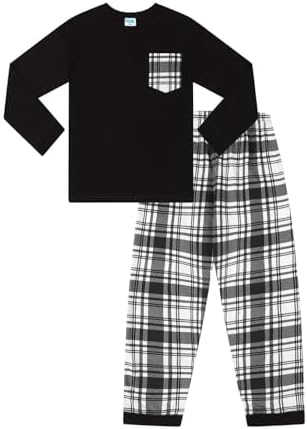 ThePyjamaFactory Boys Black and White Long Tartan Check Bottoms Pyjama Set Pjs For Kids