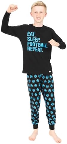 ThePyjamaFactory Boys Eat Sleep Football Repeat Long Cotton Pyjamas Blue Unisex