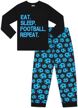 ThePyjamaFactory Boys Eat Sleep Football Repeat Long Cotton Pyjamas Blue Unisex