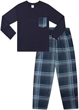 ThePyjamaFactory Boys Navy Blue Long Tartan Check Bottoms Pyjama Set Pjs For Kids