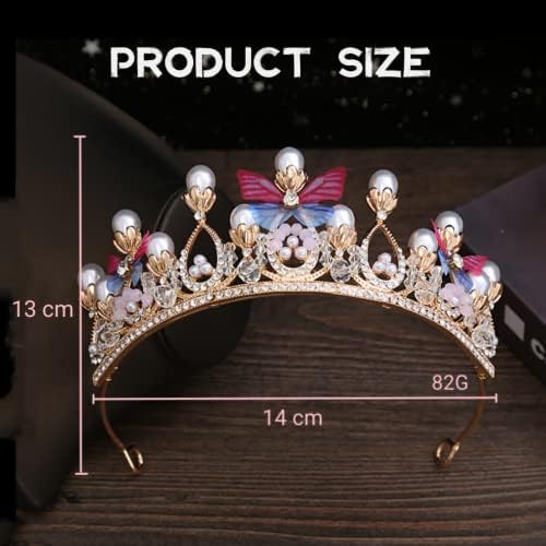 Tiaras For Girl Crystal Tiara Pearl Princess Crown For Girls Handmade Butterfly Pearl Girls Tiaras For Kids 5-16 Years Gifts For Birthday Costume Party Christmas