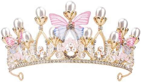 Tiaras for Girl Crystal Tiara Pearl Princess Crown for Girls Handmade Butterfly Pearl Girls Tiaras for Kids 5-16 Years Gifts for Birthday Costume Party Christmas