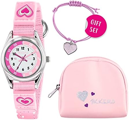 Tikkers Girls Pink Canvas Rip Strap Heart Watch Purse and Bracelet Set