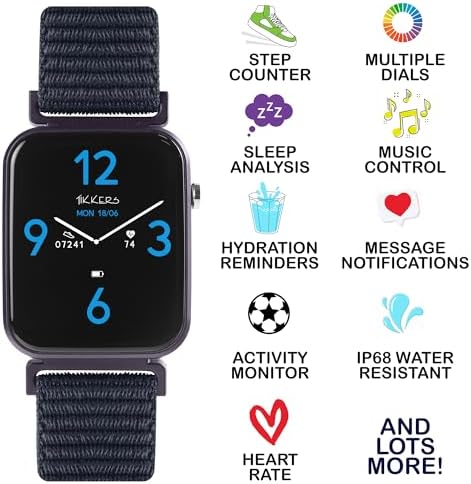 Tikkers Kids Series 13 Smart Watch With Fitness Tracker Alarm Clock Camera GPS Connection Heart Rate Monitor Step Counter Touch Screen Navy Riptape Strap