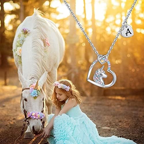 TINGN Unicorn Gifts For Girls - 14K White Gold Plated Colorful CZ Heart Pendant Unicorns Necklace For Girls Jewelry Initial Unicorn Necklace Birthday Gifts Unicorns Initial Necklaces For Girl Jewelry