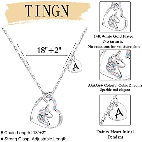 TINGN Unicorn Gifts For Girls - 14K White Gold Plated Colorful CZ Heart Pendant Unicorns Necklace For Girls Jewelry Initial Unicorn Necklace Birthday Gifts Unicorns Initial Necklaces For Girl Jewelry