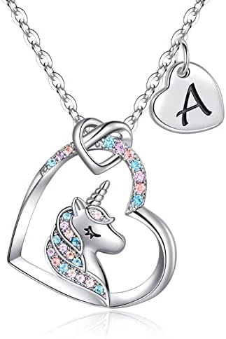 TINGN Unicorn Gifts for Girls - 14K White Gold Plated Colorful CZ Heart Pendant Unicorns Necklace for Girls Jewelry Initial Unicorn Necklace Birthday Gifts Unicorns Initial Necklaces for Girl Jewelry