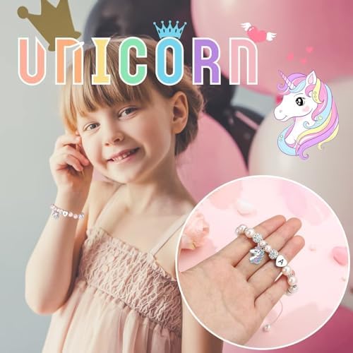TINGN Unicorn Gifts For Girls - Pink Pearl And Rhinestone Balls Heart Initial Unicorn Bracelets For Girls Jewelry Unicorn Gifts Rainbow CZ Unicorn Bracelet Birthday Unicorn Gifts For Teen Girls Gifts