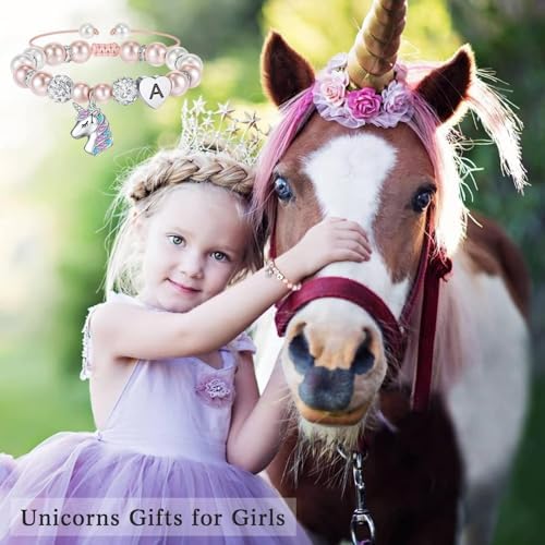 TINGN Unicorn Gifts For Girls - Pink Pearl And Rhinestone Balls Heart Initial Unicorn Bracelets For Girls Jewelry Unicorn Gifts Rainbow CZ Unicorn Bracelet Birthday Unicorn Gifts For Teen Girls Gifts