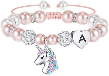 TINGN Unicorn Gifts for Girls - Pink Pearl and Rhinestone Balls Heart Initial Unicorn Bracelets for Girls Jewelry Unicorn Gifts Rainbow CZ Unicorn Bracelet Birthday Unicorn Gifts for Teen Girls Gifts