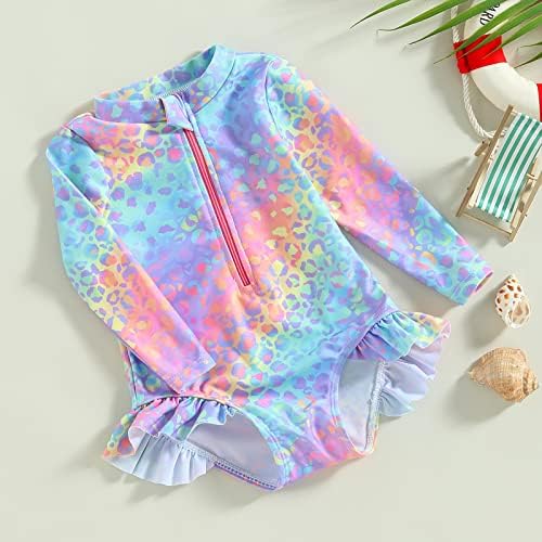 Toddler Baby Girl Swimming Costume Long Sleeve Zip Up Ruffle Mermaid Swimsuit Fish Scale Pattern Sun Protection Rash Guard Swimwear One Piece Bathing Suits Summer Beachwear