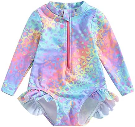 Toddler Baby Girl Swimming Costume Long Sleeve Zip Up Ruffle Mermaid Swimsuit Fish Scale Pattern Sun Protection Rash Guard Swimwear One Piece Bathing Suits Summer Beachwear