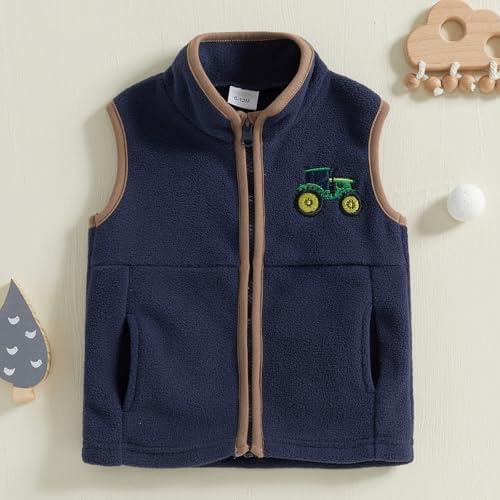 Toddler Boys Fleece Vest Tractor Embroidery Sleeveless Vest Zip Up Jacket Coat Infant Fall Winter Outwear