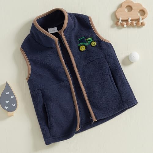 Toddler Boys Fleece Vest Tractor Embroidery Sleeveless Vest Zip Up Jacket Coat Infant Fall Winter Outwear