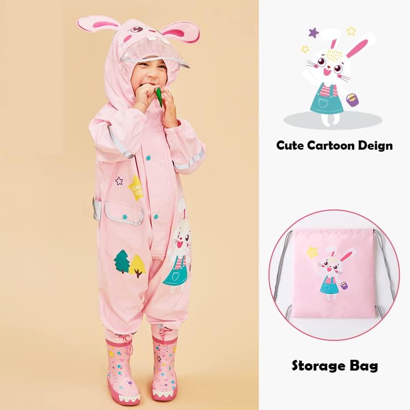Toddler Puddle Suit Boys Girls Rain Suit Waterproof Overalls Kids All In One Muddy Suit Cartoon Hoodie Rain Jacket Rainwear For 1-8 Years S-XL Size