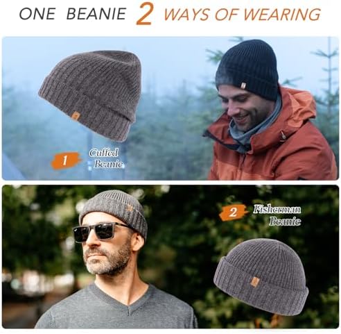 TOP-EX XL/XXL Mens 100% Merino Wool Fisherman Beanie Trawler Beanie Winter Hat Knitted Cuffed Hat