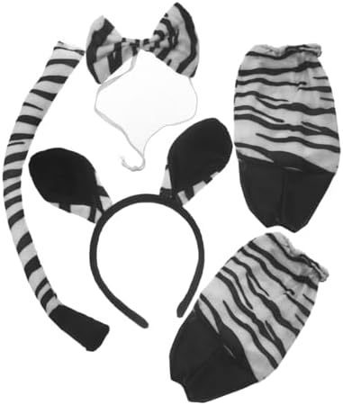 TOPBATHY Zebra Ear Headdress for Kids and Adults Soft Plush Animal Costume Set with Ears Tail Bow Tie and Gloves for Halloween Party Cosplay and Dress-up Events