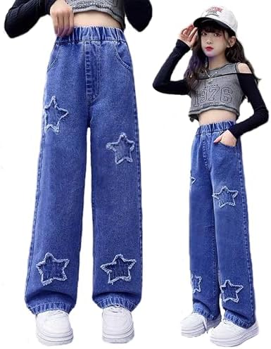 Trendy Baggy Jeans for Girls: Wide Leg Elastic Waist for Kids Ages 6-13 Perfect Girls Trousers and Pants for Fashion-Forward Kids