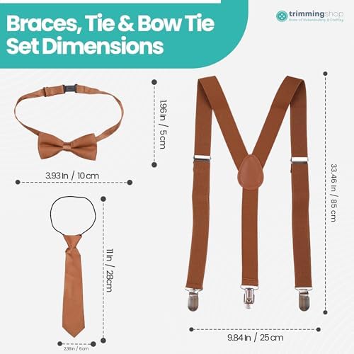 Trimming Shop 85cm X 25mm Kids Suspenders With Bow Tie And Necktie Set – Adjustable Y Shaped Fully Elasticated Clip-On Brace With Colours Bow Tie And Necktie Perfect Clothing Accessory For Children