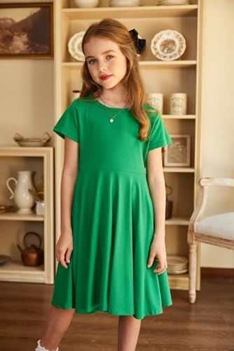 Trudge Girls Summer Swing Dress A-line Short-Sleeved Cotton Solid Color Princess T-Shirt Dresses Basic Fattern Skater Dress 3-13 Years